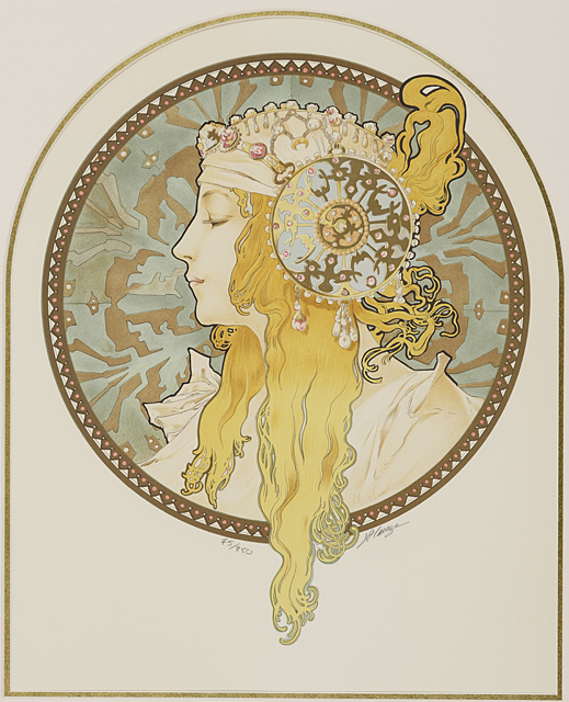 値下げ　アルフォンス・ミュシャ　リトグラフ ブルネット　サインエンボス印 値下げ アルフォンス・ミュシャ リトグラフ ブルネット サインエンボス