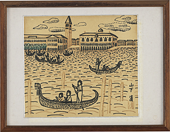 ●山下清●ベニスのゴンドラ ペン画 色紙 肉筆 サインあり Lot0372】ベニスのゴンドラ風景 - 山下 清 | 第823回 | 株式会社