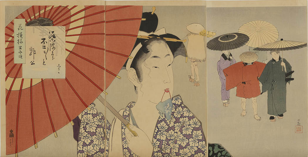 浮世絵、花模様天明ノ頃三枚綴り、小林清親画 （小林清親一覧