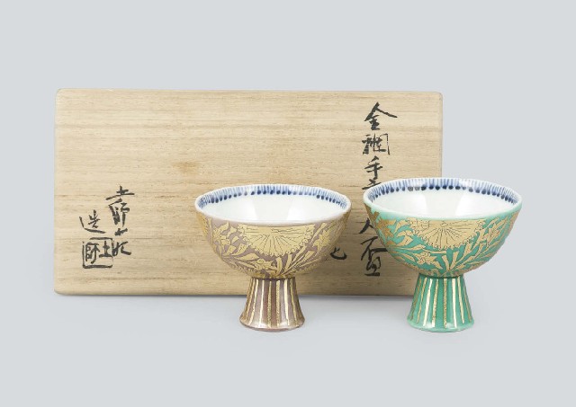Lot0665】金襴手高足盃 緑地紫地（2点1組） - 加藤 土師萌◎ | 第850回