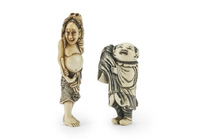蛸に海女牙彫根付　箱付 Lot0205】象牙蛸に海女根付・象牙芸人根付 ［2点セット］ - | 第853回