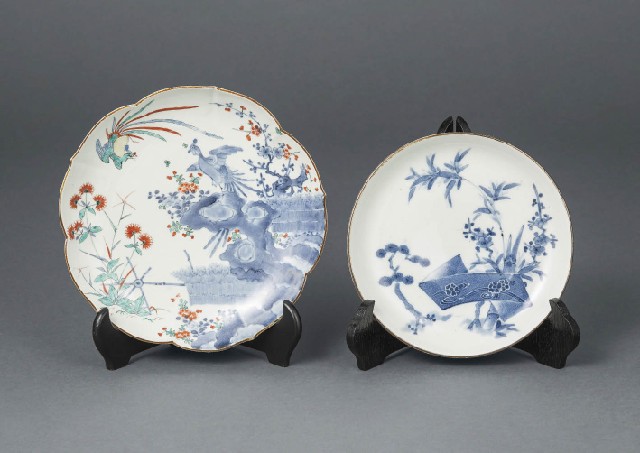 Lot0610】古伊万里色絵染付草花鳳凰文輪花皿 他［2点セット］ - | 第